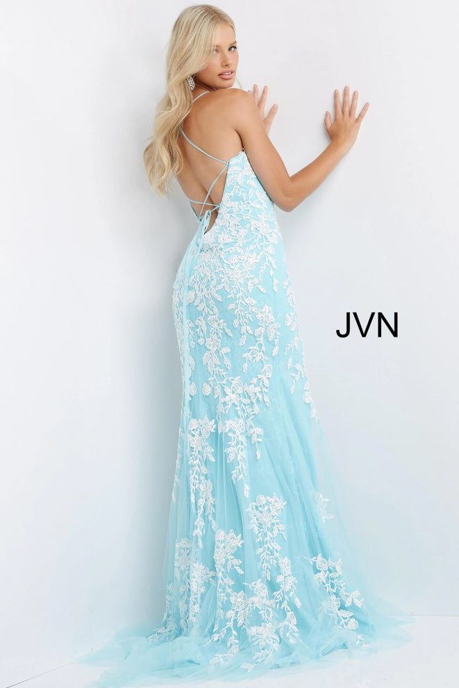 Jovani-JVN06660-Aqua-White-back-lace-prom-dress-v-neckline-corset-back-side-slitJovani JVN06660 - JVN 06660 is a long fitted Lace formal evening gown. This Backless prom dress with a lace up corset back closure features floral lace appliques embellished with crystal rhinestones over a lace layer. Fit & Flare Silhouette with a lush sweeping train and a wide thigh slit.
