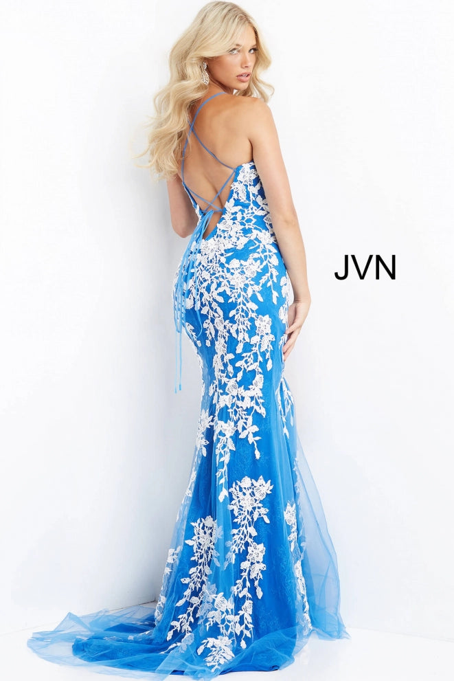 Jovani-JVN06660-COBALT-WHITE-prom-dress-lace-backJovani JVN06660 - JVN 06660 is a long fitted Lace formal evening gown. This Backless prom dress with a lace up corset back closure features floral lace appliques embellished with crystal rhinestones over a lace layer. Fit & Flare Silhouette with a lush sweeping train and a wide thigh slit.