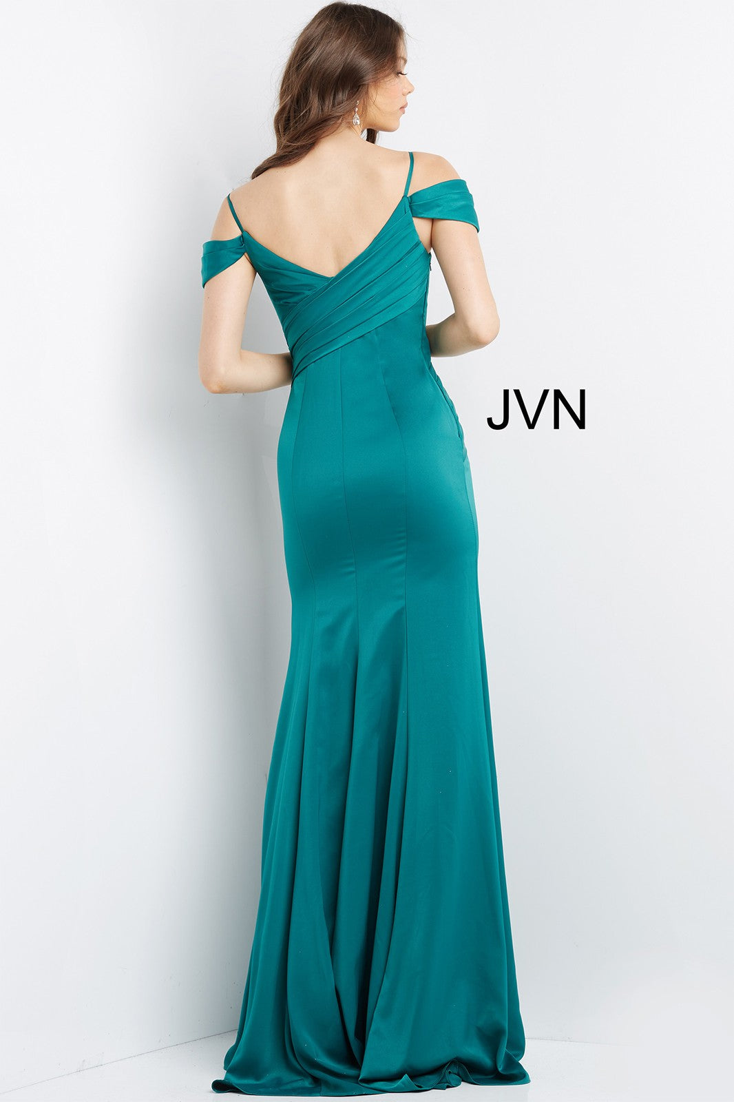 Jovani JVN08414 Evening Dress Cold Shoulder Pleated Middle Long Skirt with Slit