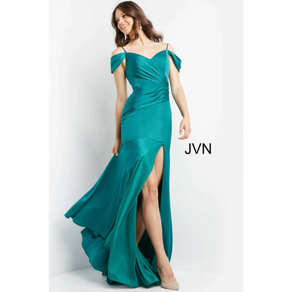Jovani-JVN08414-Evening-dress-off-the-shoulder-ruched-long-gown-slit