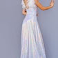 Jovani JVN24164 Iridescent White Long A Line Evening Dress with Feather Straps