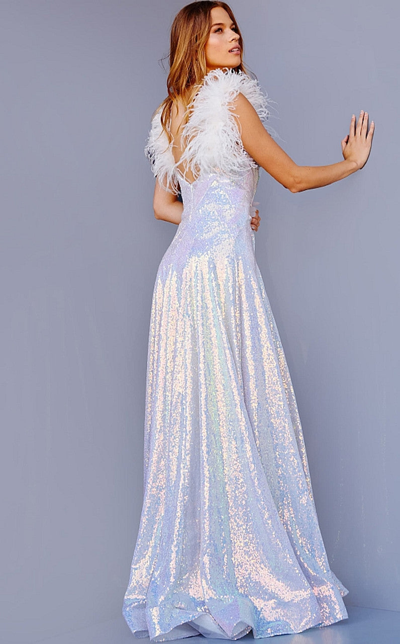 Jovani JVN24164 Iridescent Prom Dress Feather Straps V Back A Line SequinsJovani JVN24164 Iridescent Prom Dress Feather Straps and Feather Trimmed V Back A Line Sequins Horsehair Trim  Available sizes: 00-24  Available colors: Iridescent/White, Iridescent/Blue