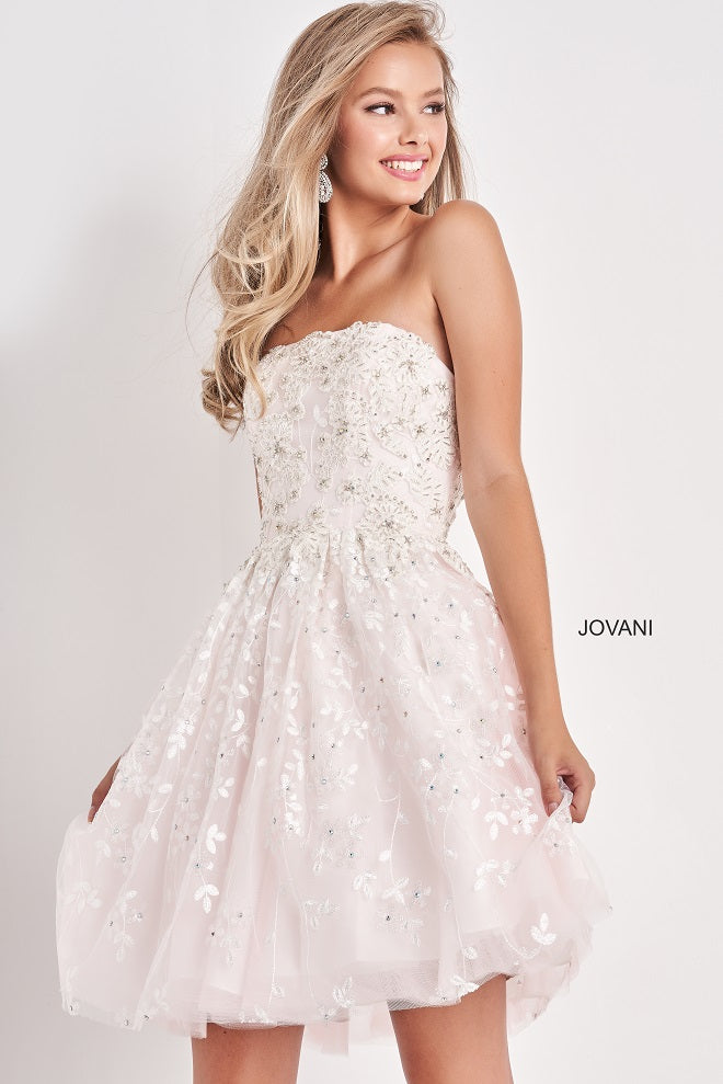 Jovani-Kids-K68026-White-Pink-cocktail-dress-front-2-strapless-straight-neckline-embellished-short-formal-dress
