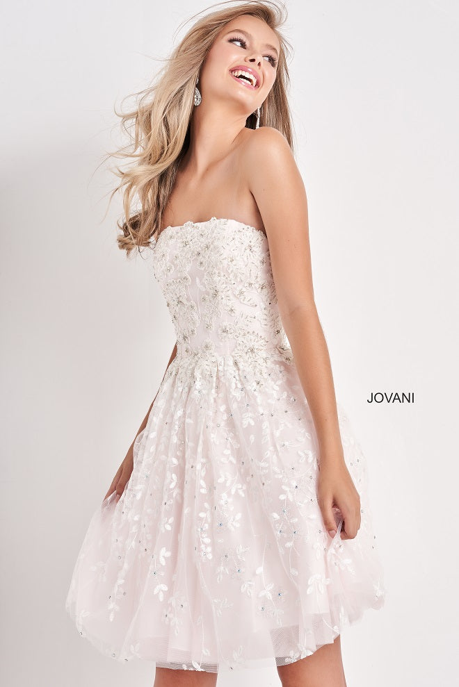 Jovani-Kids-K68026-White-Pink-cocktail-dress-front-strapless-straight-neckline-embellished-short-formal-dress