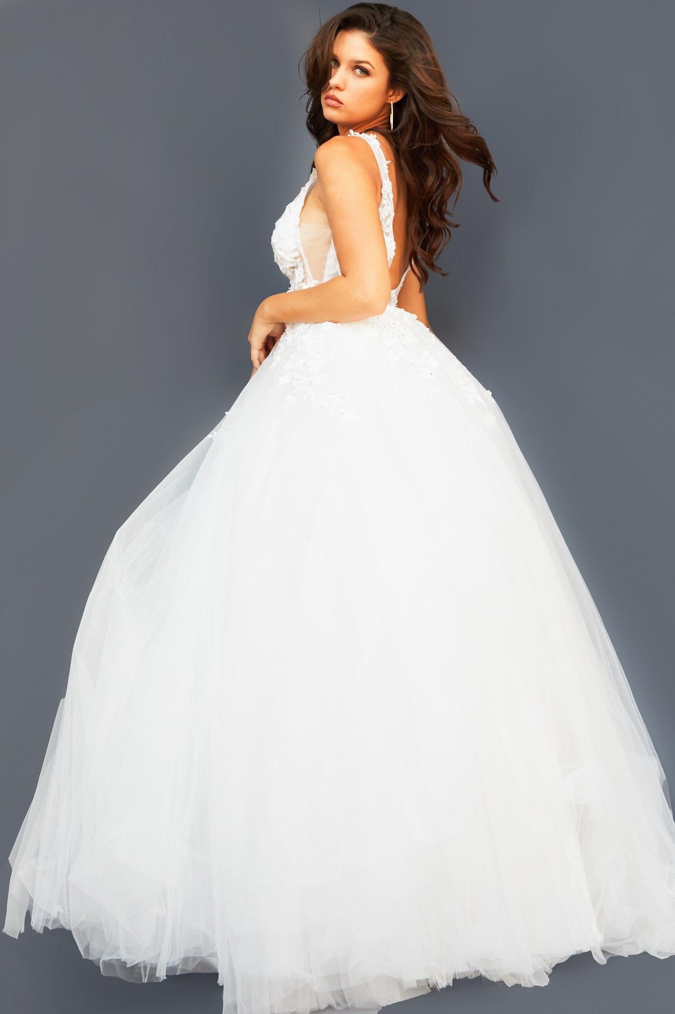 Jovani 02840 Sheer Floral Applique V Neck Ballgown Prom Dress Wedding Neon