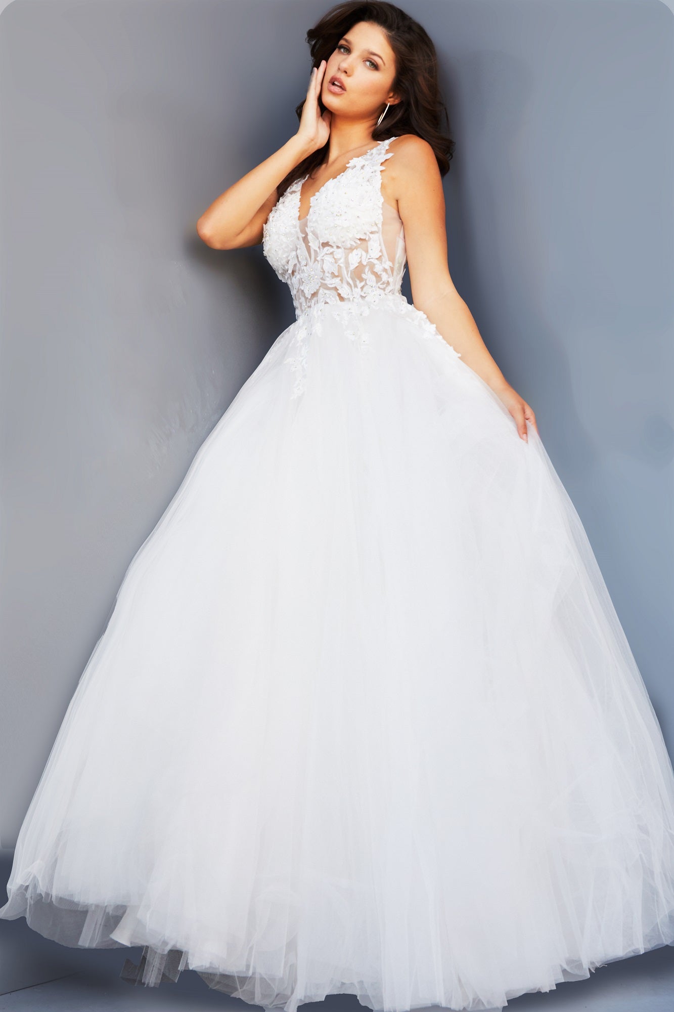 Jovani 02840 Sheer Floral Applique V Neck Ballgown Prom Dress Wedding Neon