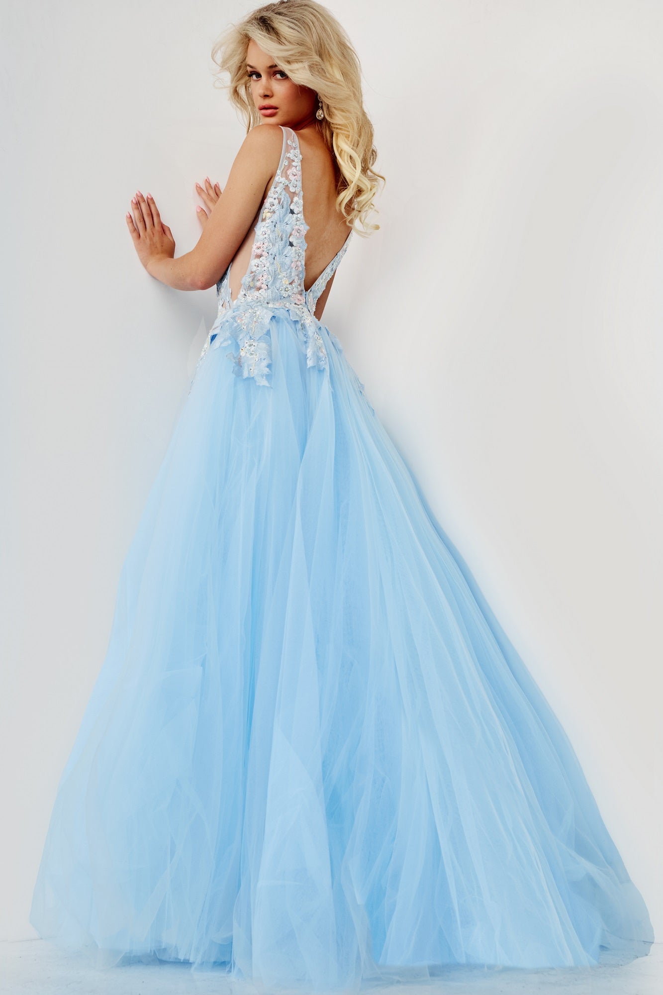 Jovani Prom Dress 06808 Light Blue Floral Lace Long Ball gown