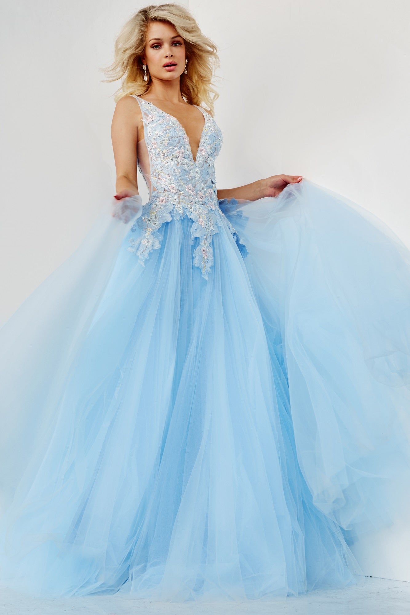 Jovani Prom Dress 06808 Light Blue Floral Lace Long Ball gown