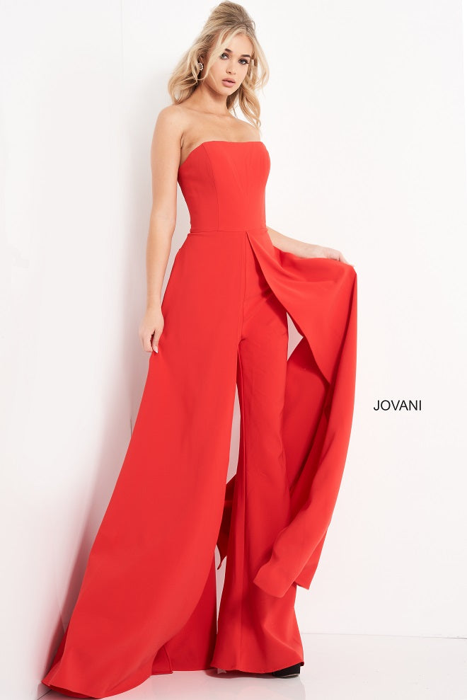 Jovani 03529-Red-Jumpsuit-Front-View-Strapless-Straight-Neckline-Overlay