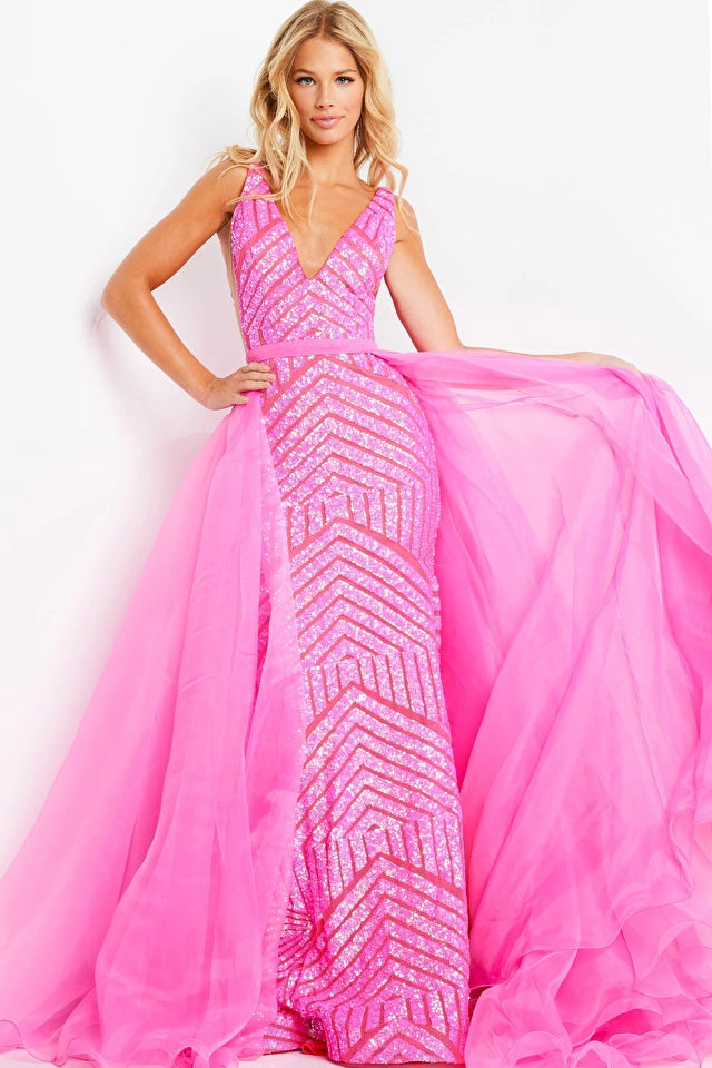 Jovani 25833 Long Fitted Sequin Mermaid Pageant Dress is an elegant choice for formal wear. It features a fitted bodice, detachable overskirt, and all-over sequin detailing for a dazzling look. The mermaid silhouette accentuates your curves for a figure-flattering effect. Crafted from a lightweight yet durable fabric, this gown is designed for long-lasting wear. 