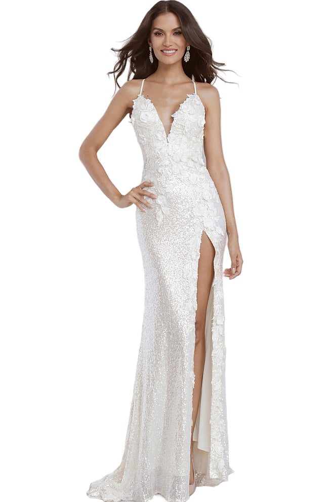 Jovani 1012 This is a Delicate all over sequin Embellished Prom Dress with Floral Appliques. Features a plunging neckline &amp; Slit in the skirt. Small Train in Back.&nbsp;

Details:&nbsp;Sequin fabric, floral appliques, fitted silhouette, high slit skirt with sweeping train, sleeveless bodice, plunging neckline with sheer mesh insert, low back with strap across for support, spaghetti straps over shoulders.
&nbsp;
Fabric:&nbsp;100% Polyester.
Fit:&nbsp;The Model is 5'9" Wearing 3" Heels.&nbsp;
Neckline:&nb