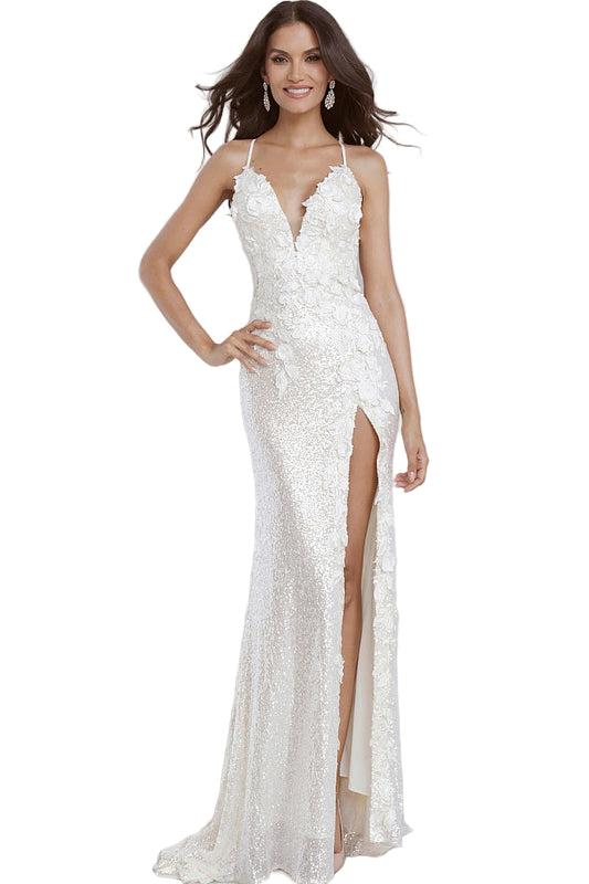 Jovani 1012 This is a Delicate all over sequin Embellished Prom Dress with Floral Appliques. Features a plunging neckline &amp; Slit in the skirt. Small Train in Back.&nbsp;

Details:&nbsp;Sequin fabric, floral appliques, fitted silhouette, high slit skirt with sweeping train, sleeveless bodice, plunging neckline with sheer mesh insert, low back with strap across for support, spaghetti straps over shoulders.
&nbsp;
Fabric:&nbsp;100% Polyester.
Fit:&nbsp;The Model is 5'9" Wearing 3" Heels.&nbsp;
Neckline:&nb