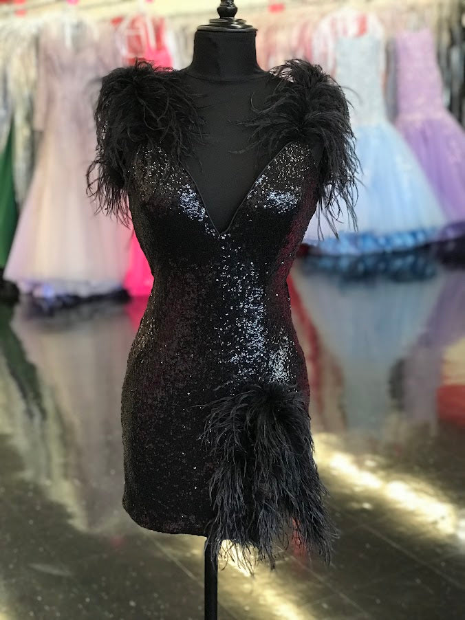 Jovani 23059 Short Fitted Sequin Feather Embellished V Neck Cocktail Dress. This Backless Homecoming Gown Features a feather trimmed mini slit.  Available Sizes: 00-24  Available Colors: Red, Black, Light Blue, Ice Pink