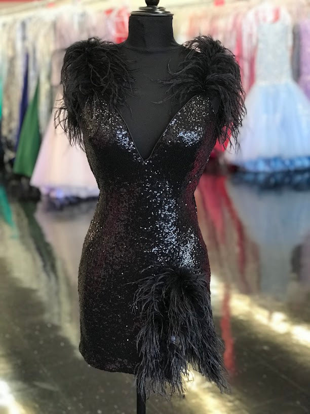 Jovani 23059 Short Fitted Sequin Feather Embellished V Neck Cocktail Dress. This Backless Homecoming Gown Features a feather trimmed mini slit.  Available Sizes: 00-24  Available Colors: Red, Black, Light Blue, Ice Pink
