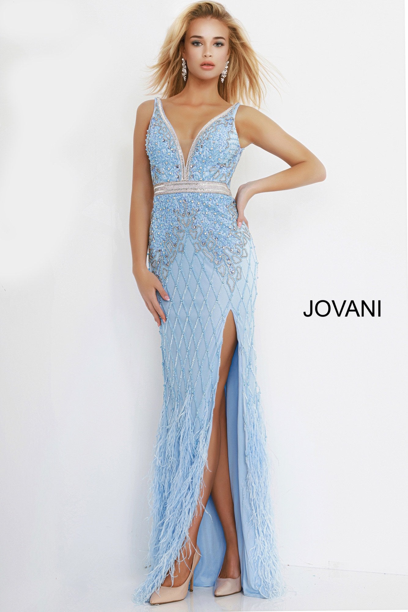Jovani 55796 embellished prom dress pageant gown with feather skirt v neckline. 