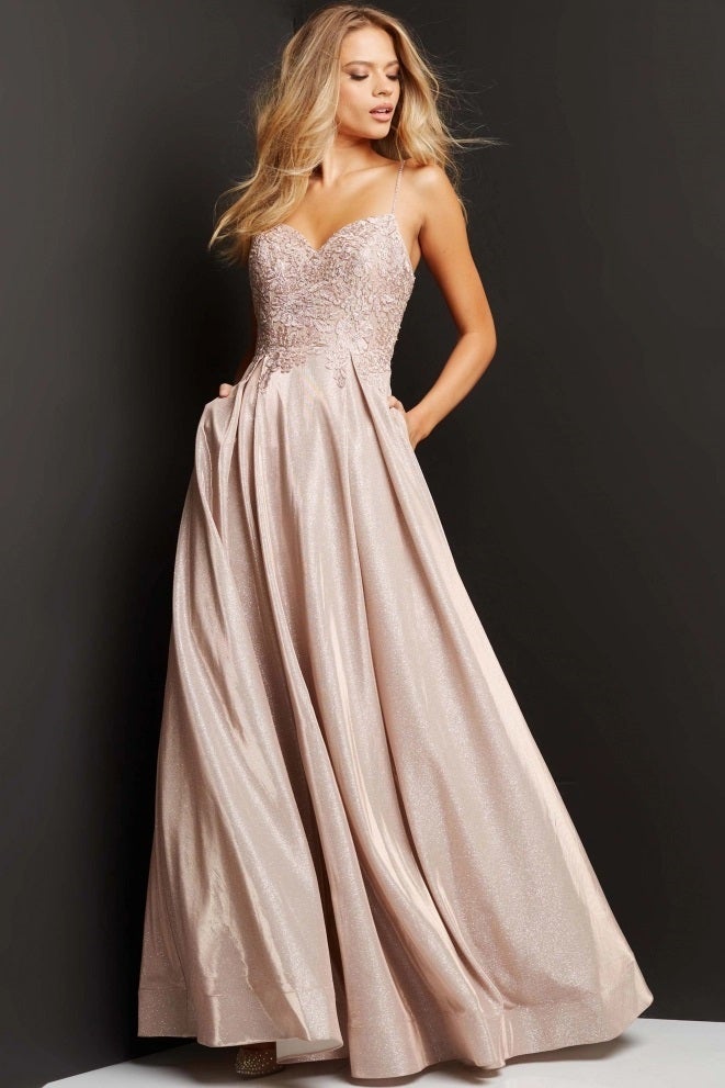 Jovani JVN 06731 A Lone Shimmer Floral Lace Prom Dress Pockets V Neck Gown  Available Sizes: 00-24  Available Colors: Nude, Perriwinkle