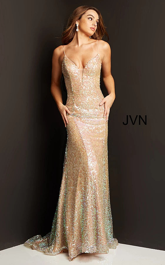 JVN07594 Long Straight Sequined Prom Pageant Gown JVN 07594 Long Straight Sequin Prom Dress Pageant Gown Iridescent Formal   Available Size-00-24  Available Color- Purple/Green, Iridescent Blue