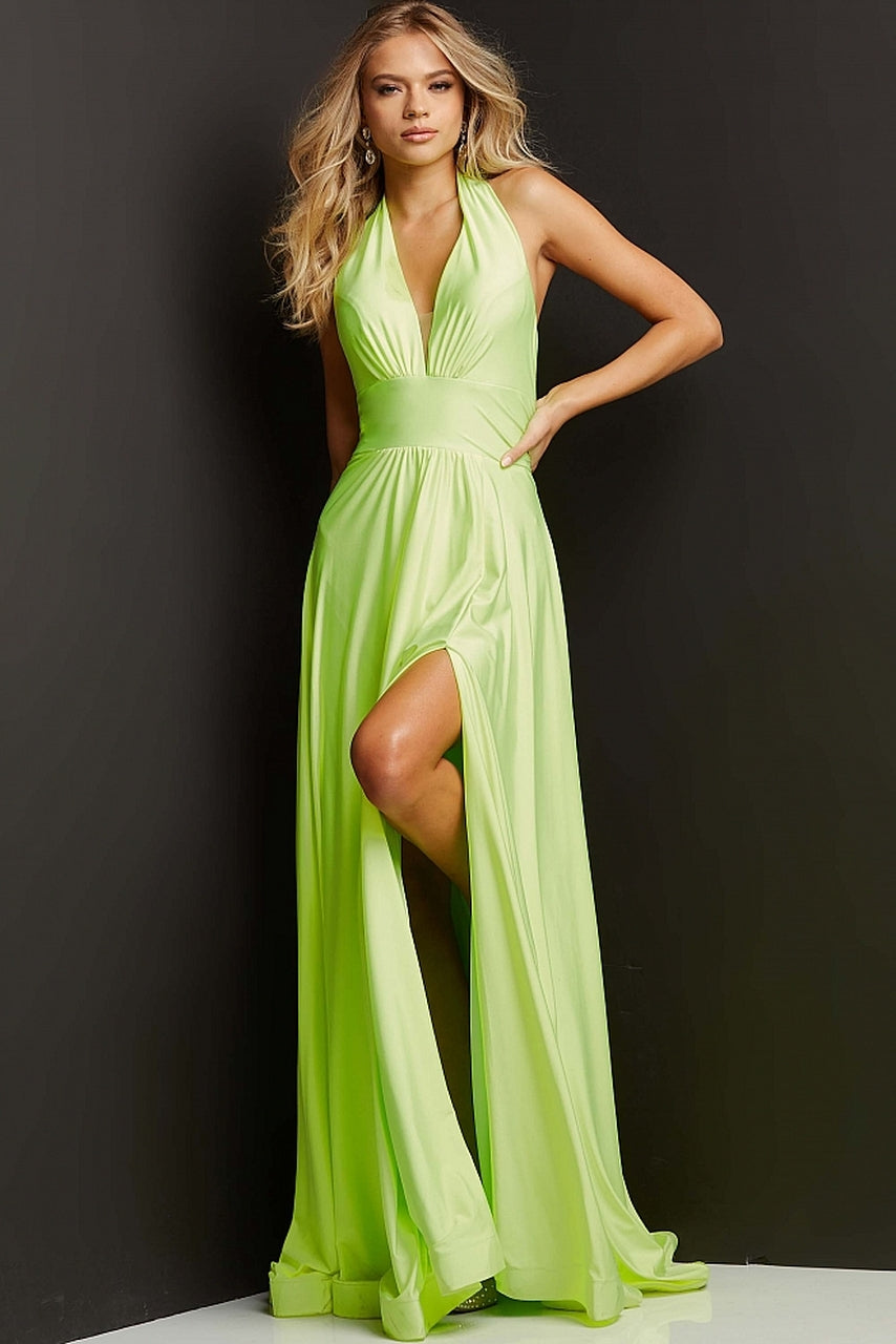 Jovani JVN08640 Long A Line Maxi slit prom dress halter V neck Pockets Stretch   Available Sizes: 00-24  Available Colors: Green, Hot Pink, Lime, Purple