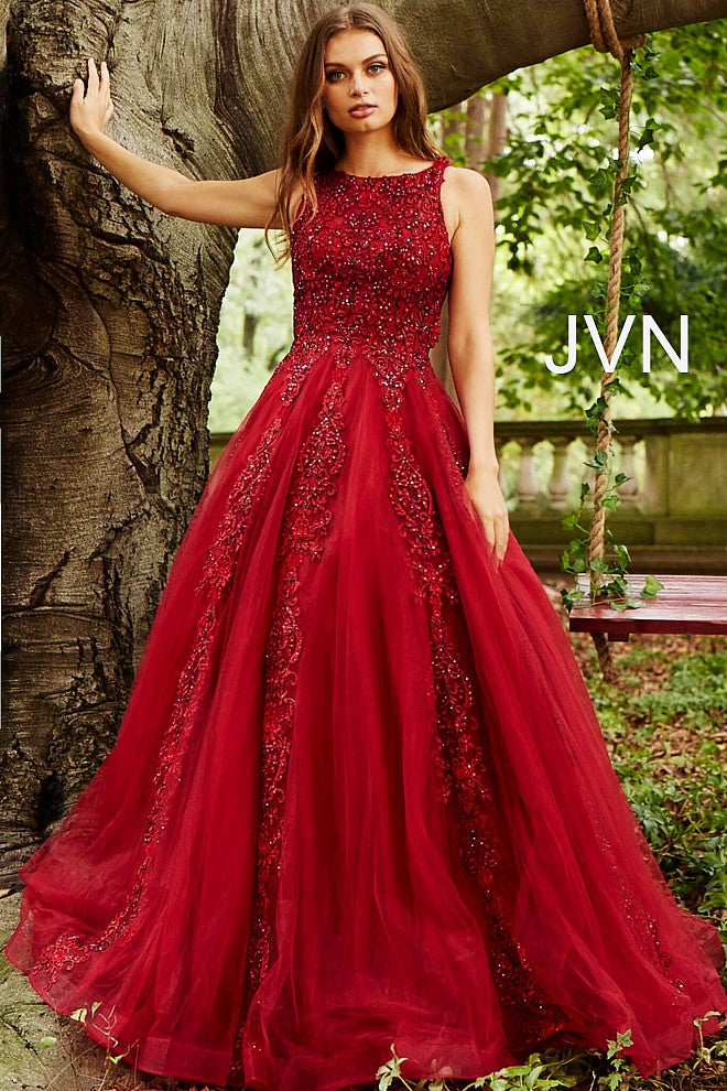 JVN59046 Burgundy prom dress with sheer lace applique high neckline and sheer full back lace applique coverage with zipper and long tulle ball gown skirt 