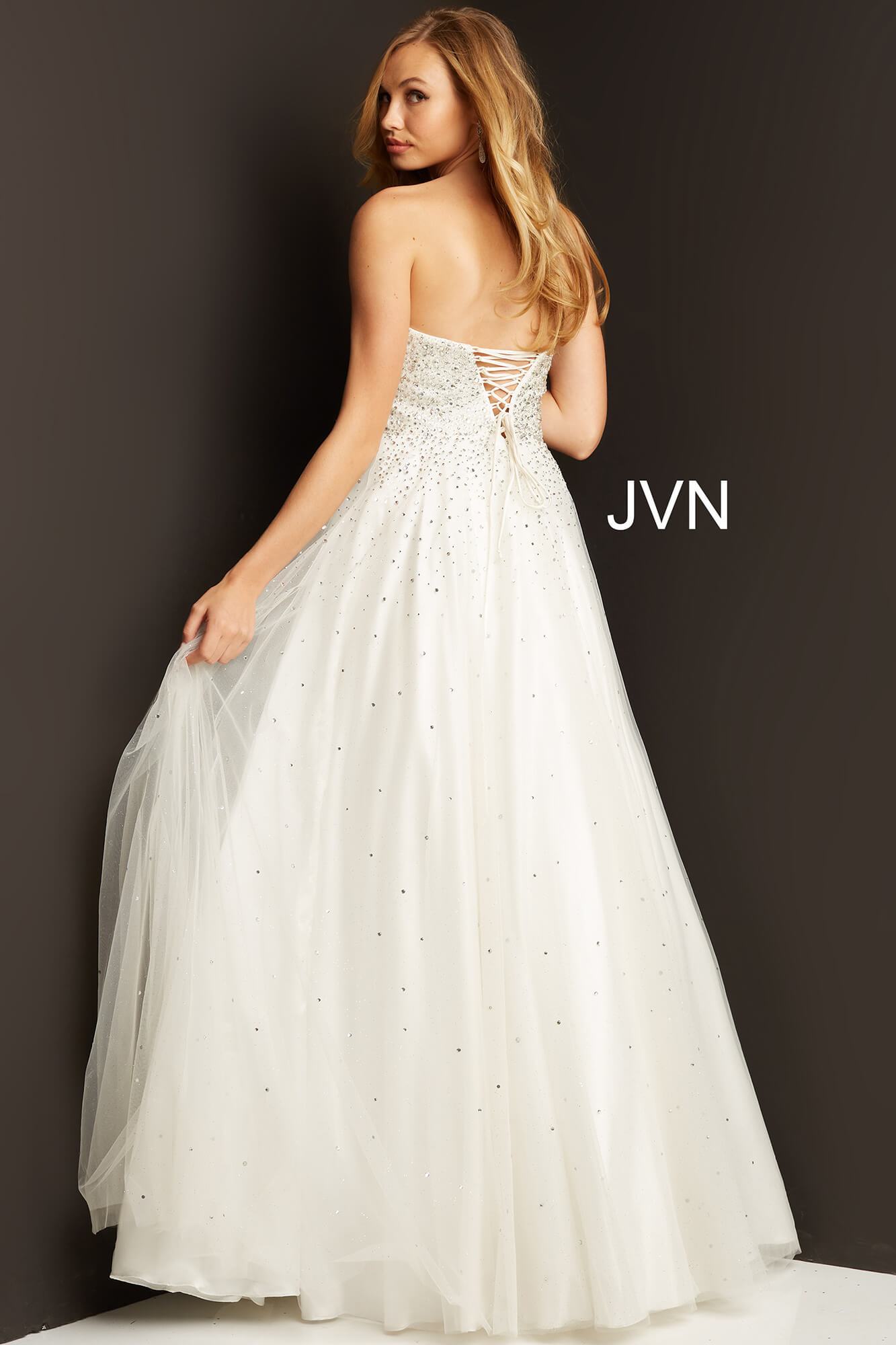 Jovani JVN65664 is a Prom Dress, Pageant Gown & simple wedding dress. Embellished tulle ballgown, fully lined, full floor length skirt, strapless bodice, straight neckline, lace up back.