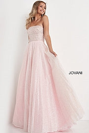 Jovani Kids K04443 This is a sparkly long formal dress for girls and preteens.  It is strapless and has a straight neckline.  The bodice is fully embellished. The long tulle ball gown skirt has a shimmer to it.'