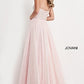 Jovani Kids K04443 This is a sparkly long formal dress for girls and preteens.  It is strapless and has a straight neckline.  The bodice is fully embellished. The long tulle ball gown skirt has a shimmer to it.