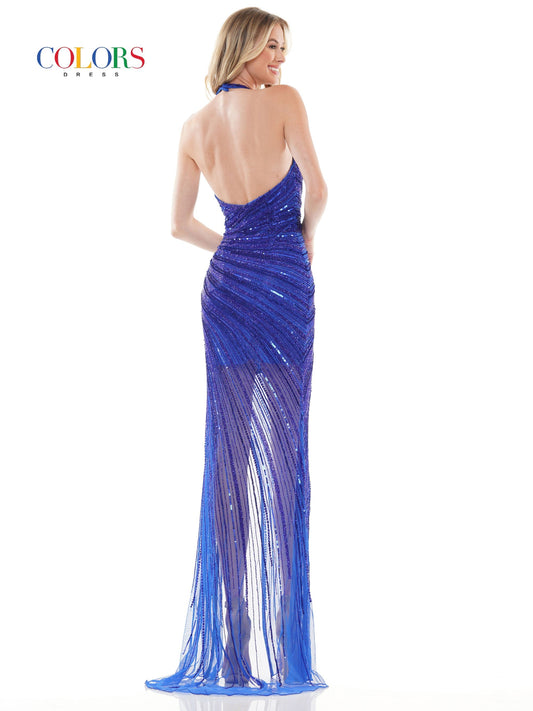 COLORS k125 - K 125 Long fitted fully embellished formal Prom & Pageant dress. Short with a long sheer embellished cascading slit skirt. V Neckline with a halter top.  Available Sizes: 0-18  Available Colors: Royal, Nude