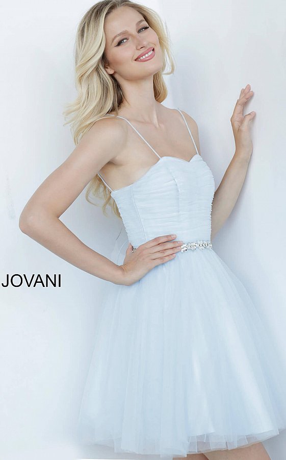 Jovani Kids k4761 is a short Girls Party Dress, Kids Pageant Gown & Pre Teen Formal Evening Wear gown. This Short Fit & Flare Girls Dress Features a sweetheart neckline with spaghetti straps. Pleated Fitted bodice with a Crystal Embellished Waist belt. Flared Tulle Short Skirt.  Available Girls Sizes: 8, 10, 12, 14  Available Colors: Light Blue, Off White