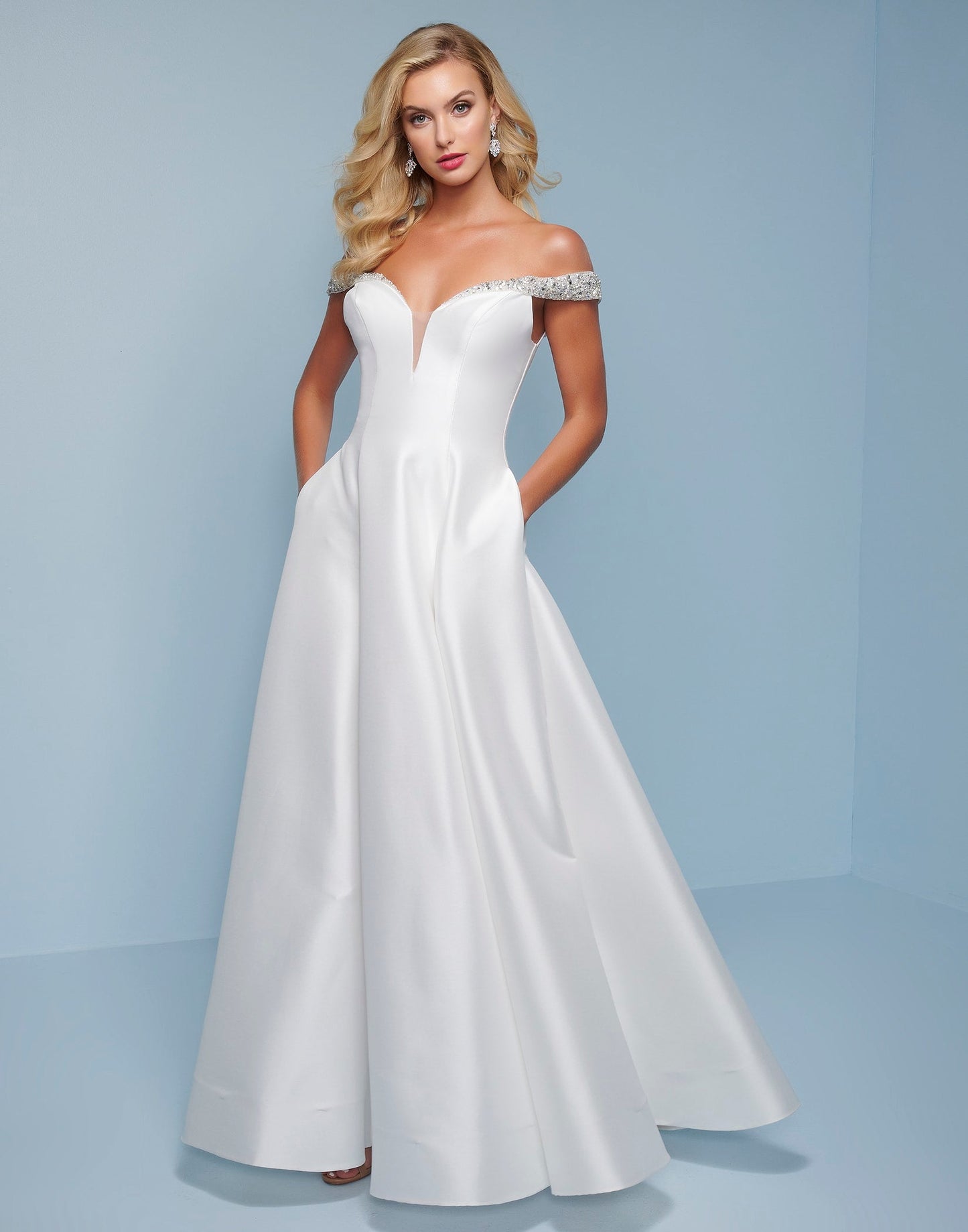 Splash Prom K524 This is an off the shoulder satin A line prom dress with embellished straps.  This long evening pageant gown is made of smooth satin and has an open lace up corset in the back.   Colors White  Sizes  6