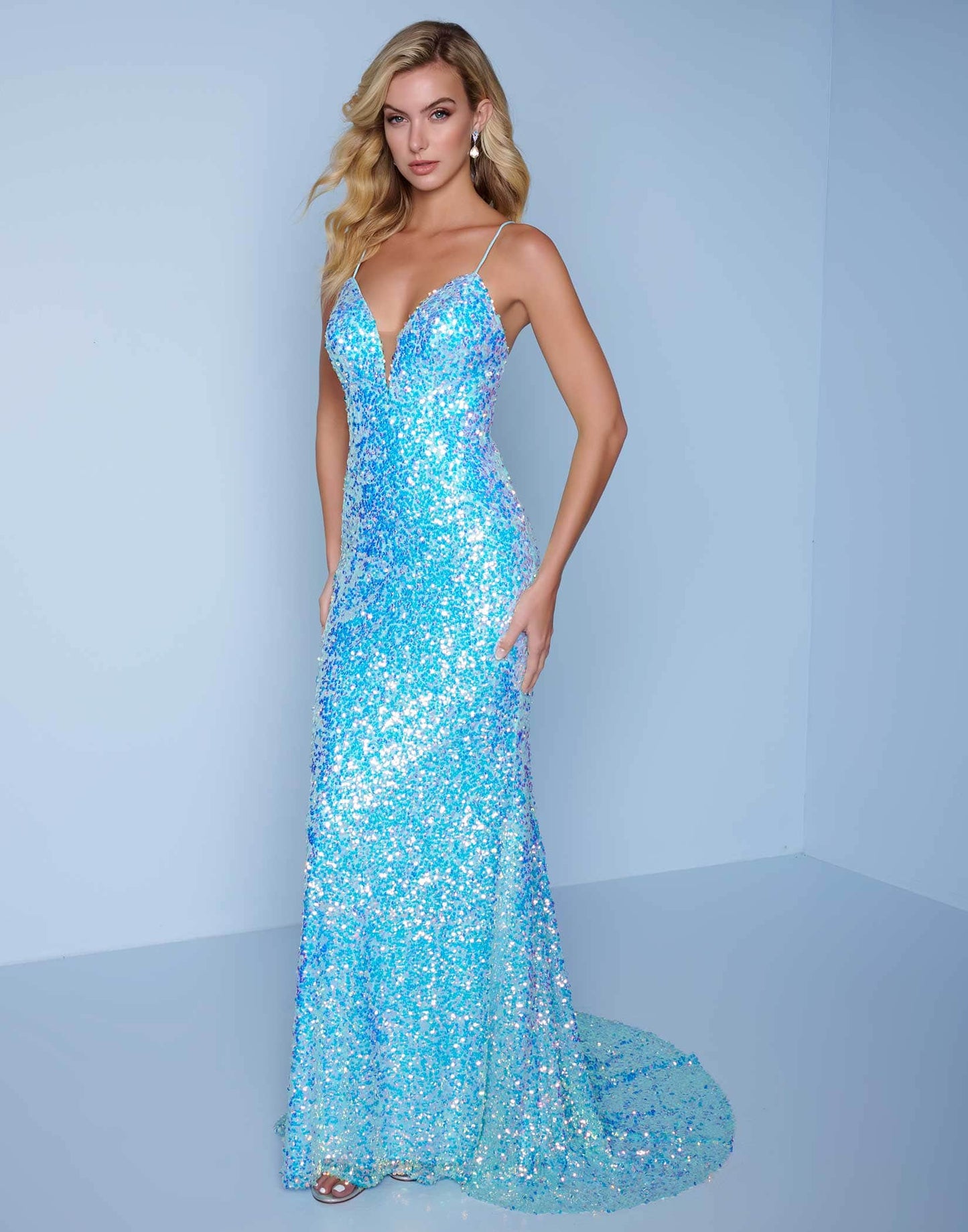 Splash Prom K639 Size 12 Long Fitted Sequin backless Corset Prom Dress V neck Formal Gown