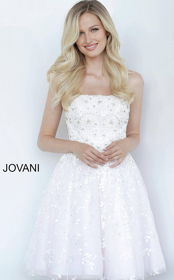 Jovani Kids K68026 is a Girls Party Dress, Kids Pageant Gown & Pre Teen Formal Evening Wear gown. This Short Fit & Flare Girl Formal Dress Features a Strapless straight neckline with an embellished lace applique cascading into the flared tulle skirt. Great flower girl dress or formal party dress.