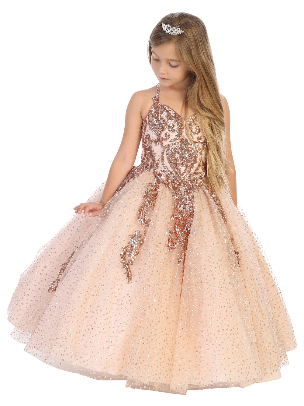 DQ K727 Size 2 Rose Gold Girls Ballgown Pageant Dress Sequin Lace Glitter Corset  Girls Glittering A Line Ball Gown  Available Size: 2  Available Color: Rose Gold