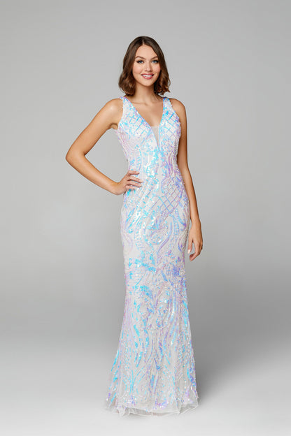 Primavera Couture 3612 is a long Fitted Sequin Embellished Formal Evening Gown. Featuring a Plunging Deep V Neckline. Elegant Sequin Embellishments scroll down throughout the length of this fit & Flare Prom Dress.  Available Sizes: 00,0,2,4,6,8,10,12,14,16,18  Available Colors: Black/Blue, Black/Multi, Ivory, Yellow