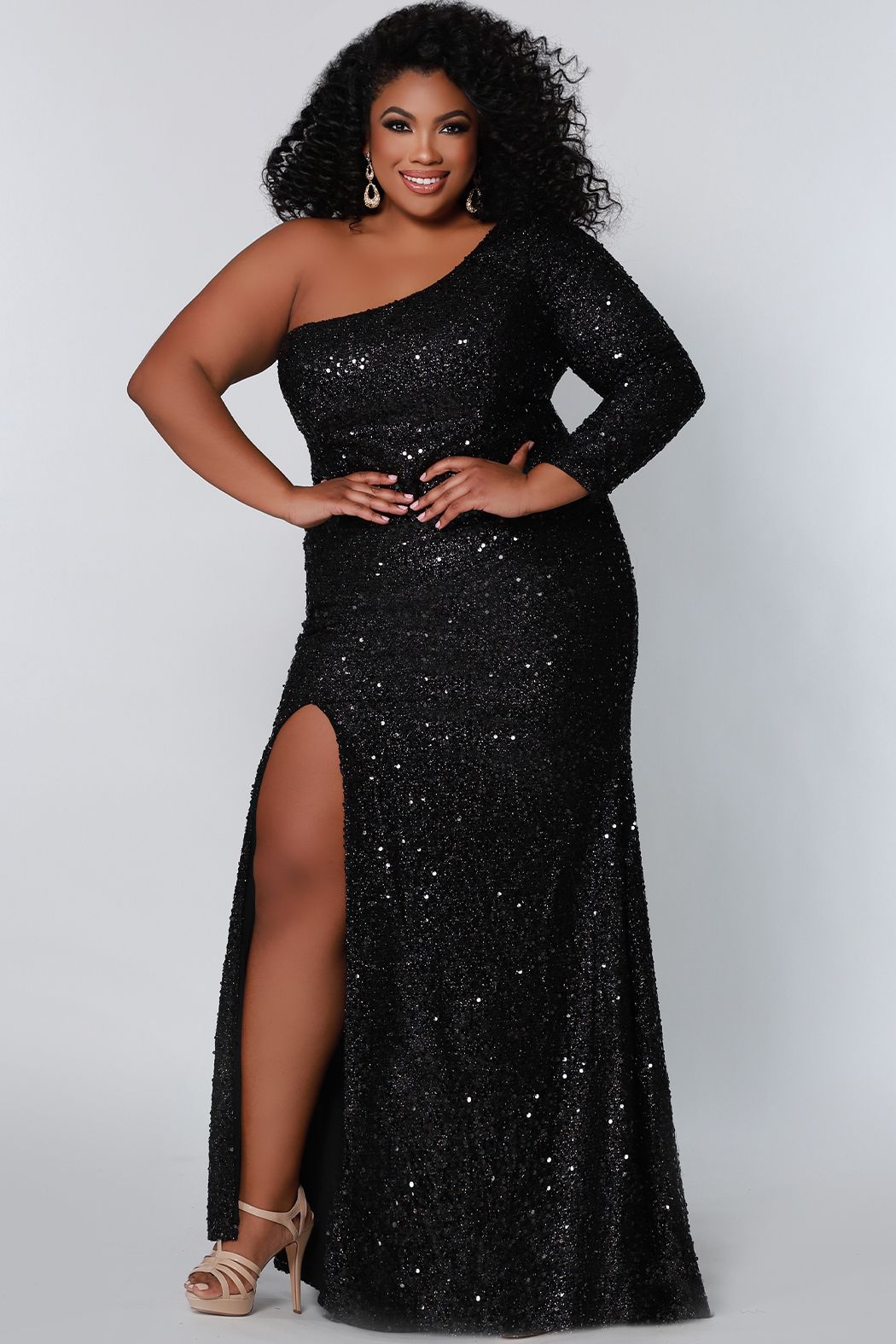 Sydney's Closet SC7319 Prom Evening Dress One Long Sleeve Fitted Plus Sized with Slit 26 / Onyx Sydney's Closet SC7319 Prom Evening Dress One Long Sleeve Fitted Plus Sized with Slit 26 / Onyx