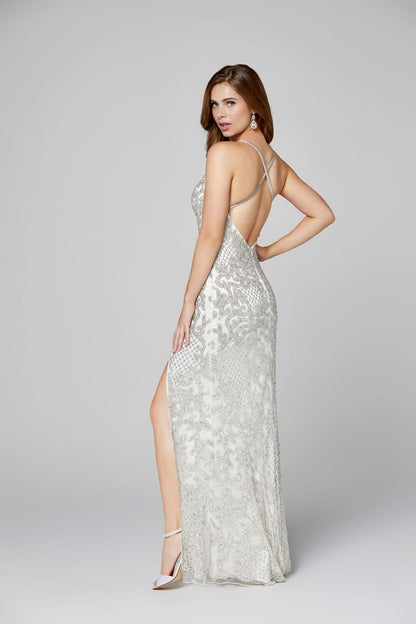 Primavera Couture 3214 v neckline criss cross back fully beaded prom dress with side slit   Black, Blush Silver, Ivory, Lilac, Powder Blue, Teal, Yellow, Midnight, Burgundy  Sizes 00-18  Elegant, shaping evening gown. Beautiful fully beaded prom dress pageant gown 