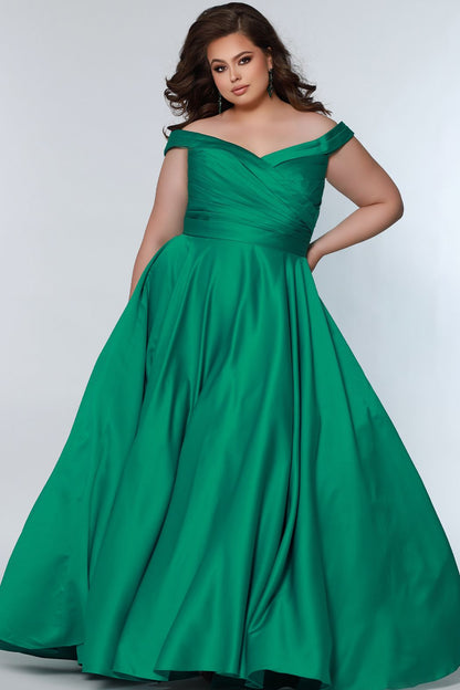 Sydney's Closet SC7321 This is an a line plus size prom dress with a pleated bodice and a v-neckline and v-back. Off-the-shoulder straps accompany elastic bands for full dancing ability! The full crinoline a line skirt flatters your natural waistline, and is made complete with a party must-have, pockets.