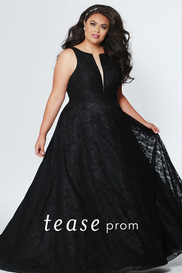 TE1936  A classic black dress for any special event. Scoop neckline with bra-friendly straps offers support and coverage. The A-line silhouette with flowing floor length skirt flatters all plus size figures. The soft lace fabric is feminine and timeless, a must have dress for the season.