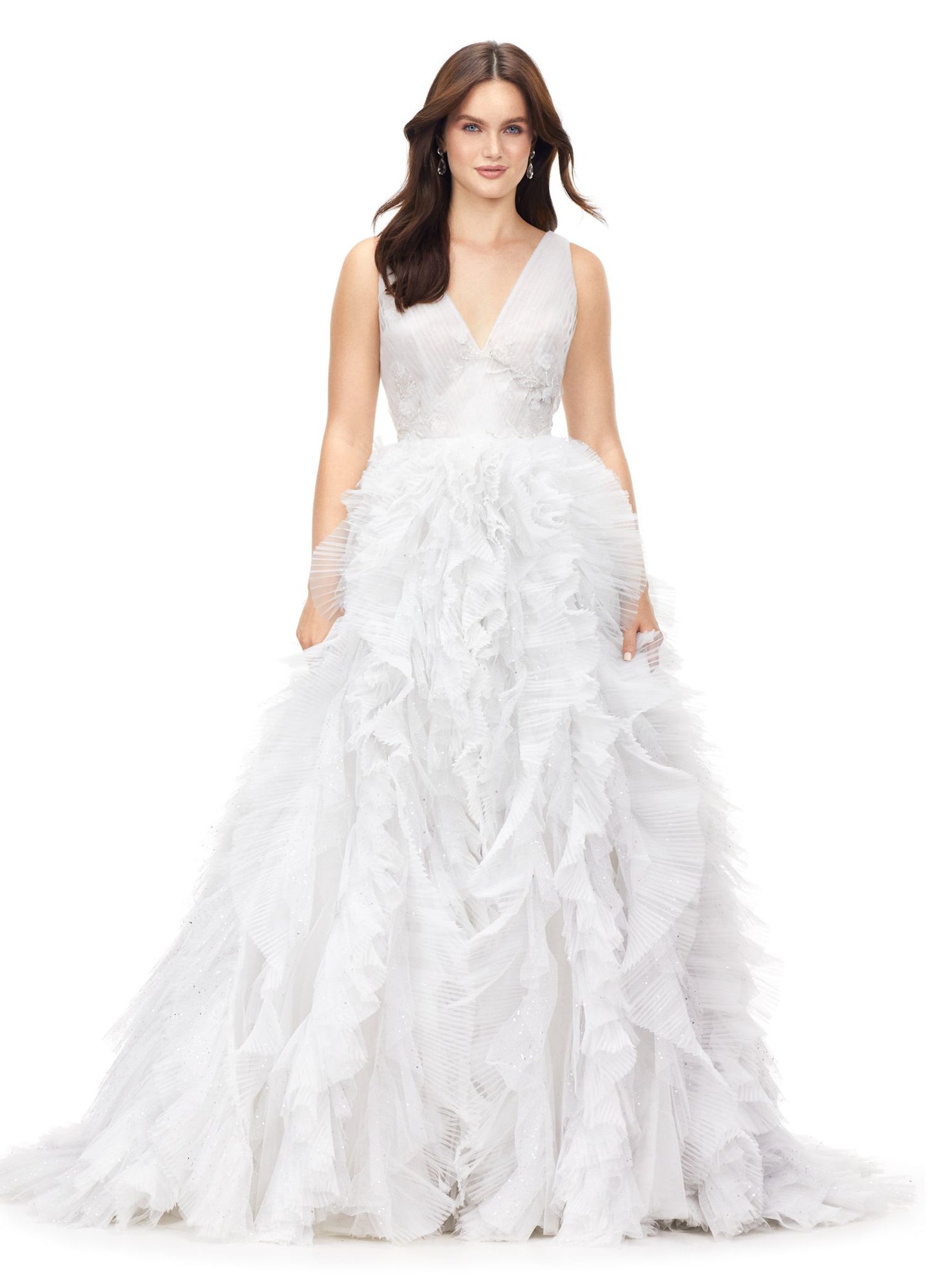 Ashley Lauren 11233 Tulle V-Neck Prom Dress Ball Gown with Ruffle Skirt