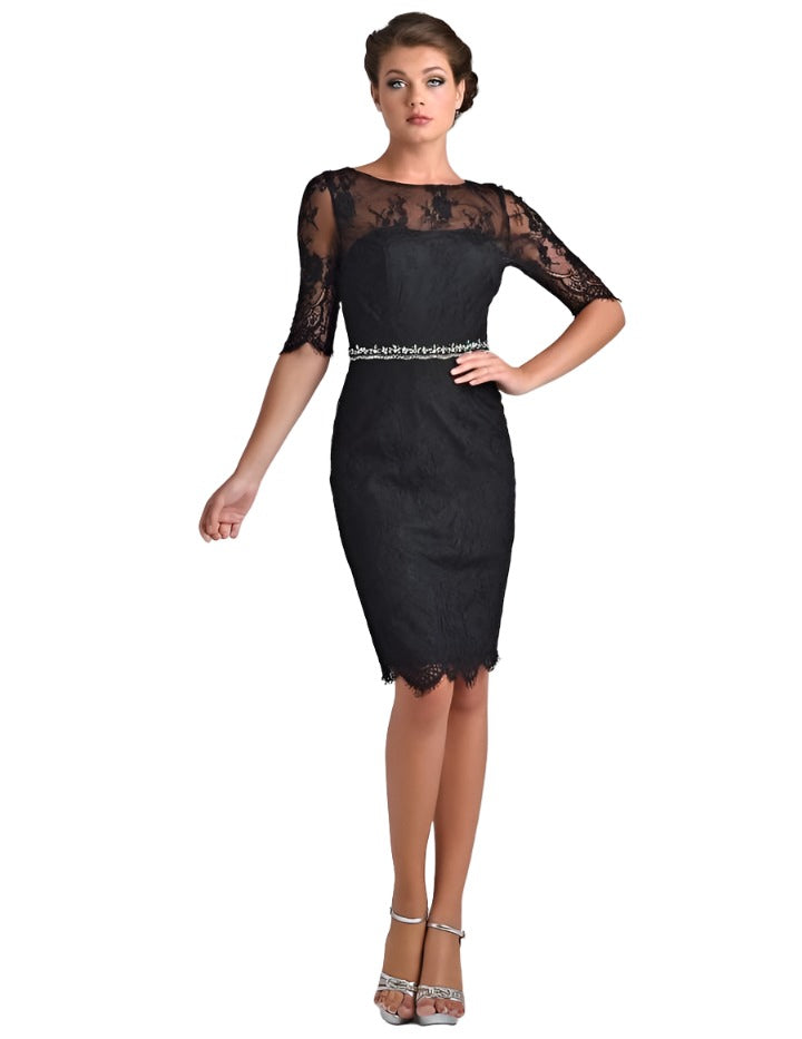 Nina Canacci M214 is a short fitted formal evening cocktail dress. featuring a sheer eyelash lace high neckline and lone 3/4 sleeves. Fitted solid lace knee length gown has eyelash lace hem. Perfect for wedding guest, Mother of the Bride/Groom, Formal &amp; Semi formal events! Matching solid 3/4 cuff sleeve bolero jacket.&nbsp;