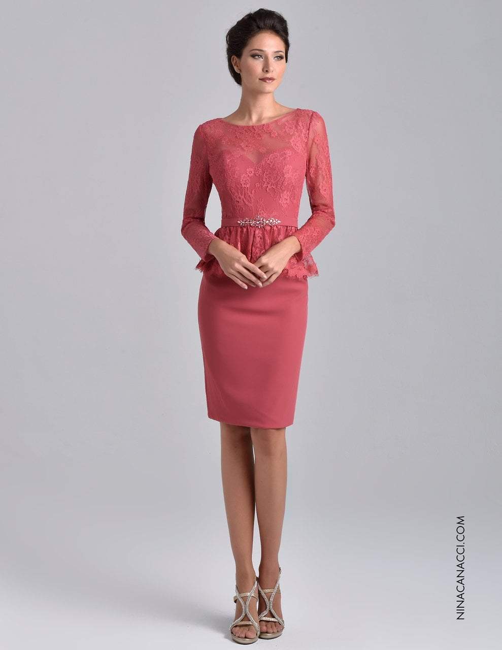 Nina Canacci M221 is a stunning short pencil skirt knee length cocktail dress. featuring a sheer lace illusion high boat neckline with 3/4 long lace sleeves. three-quarter sleeves, paired with a keyhole back accented with a peplum beaded waist. Eyelash lace hem ruffle around the waist to flatter any figure! Available Sizes: 6, 8, 10  Available Colors: Dark Rose