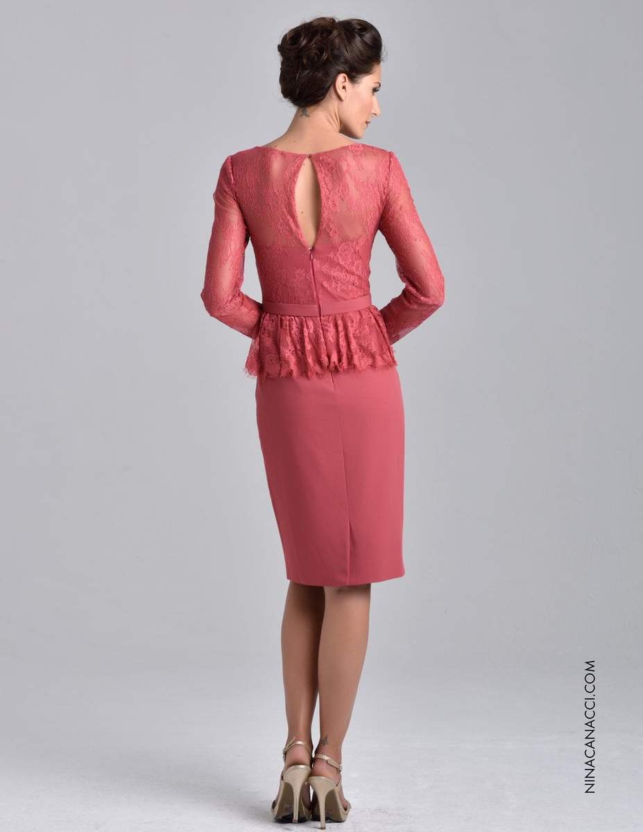 Nina Canacci M221 is a stunning short pencil skirt knee length cocktail dress. featuring a sheer lace illusion high boat neckline with 3/4 long lace sleeves. three-quarter sleeves, paired with a keyhole back accented with a peplum beaded waist. Eyelash lace hem ruffle around the waist to flatter any figure! Available Sizes: 6, 8, 10  Available Colors: Dark Rose