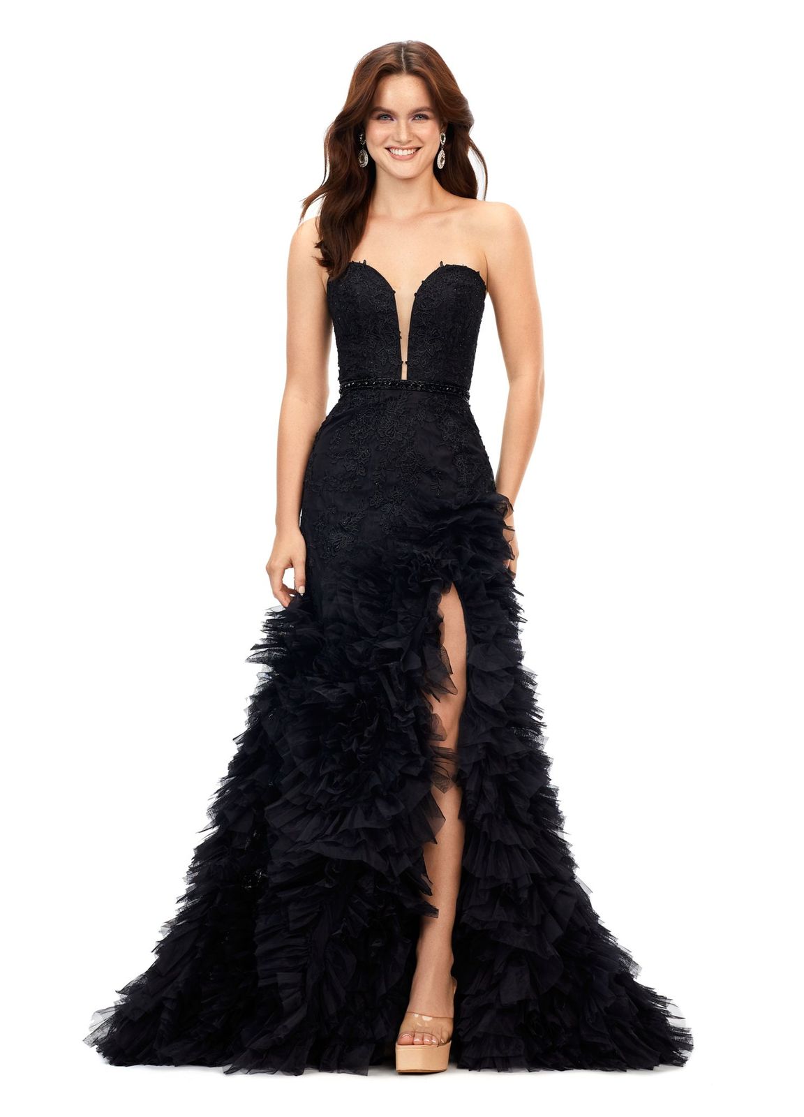 Ashley Lauren 11377 This luscious lace gown features lace applique scattered throughout the bodice, along with an embellished waistband. With its ruffle tulle skirt & sunken v-neckline, you are sure to turn heads! Sweetheart Neckline Heat Set Lace Appliques Ruffle Skirt Tulle COLORS: Black, Red