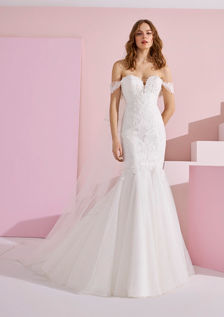 White One Bridal MEL   Long Fit & Flare Mermaid wedding dress. Plunging lace neckline with romantic off the shoulder straps. Trumpet tulle skirt. Embellished lave bodice  IN STOCK FOR IMMEDIATE DELIVERY!  US SIZE 12 - OFF WHITE/CRYSTAL