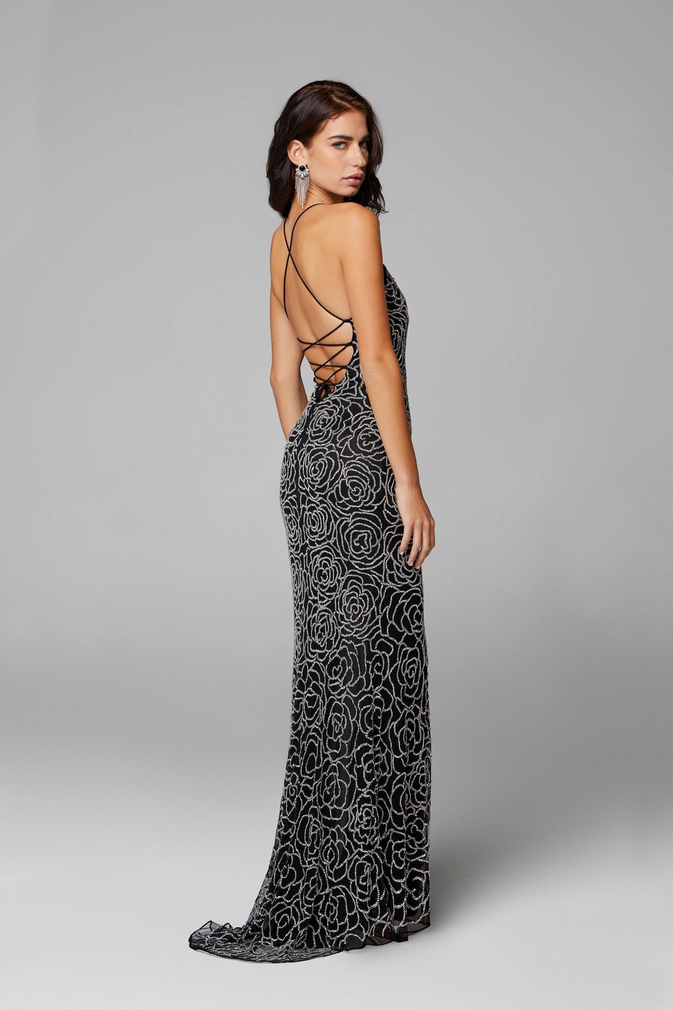 black and silver dress prom Primavera Couture 3638 size 8 Black Silver Floral Beaded Prom Dress Backless Formal Corset