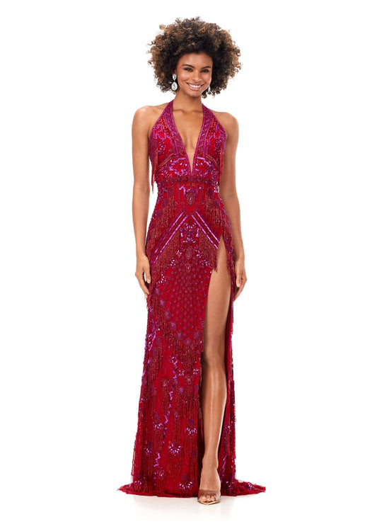 Ashley Lauren 11341 This gown has a deep v-neckline halter top, an intricate bead pattern and fringe accents. The gown is complete with an open back and side slit. Talk about perfection. V-Neckline Open Back Left Leg Slit Fully Hand Beaded COLORS: Red, Gold
