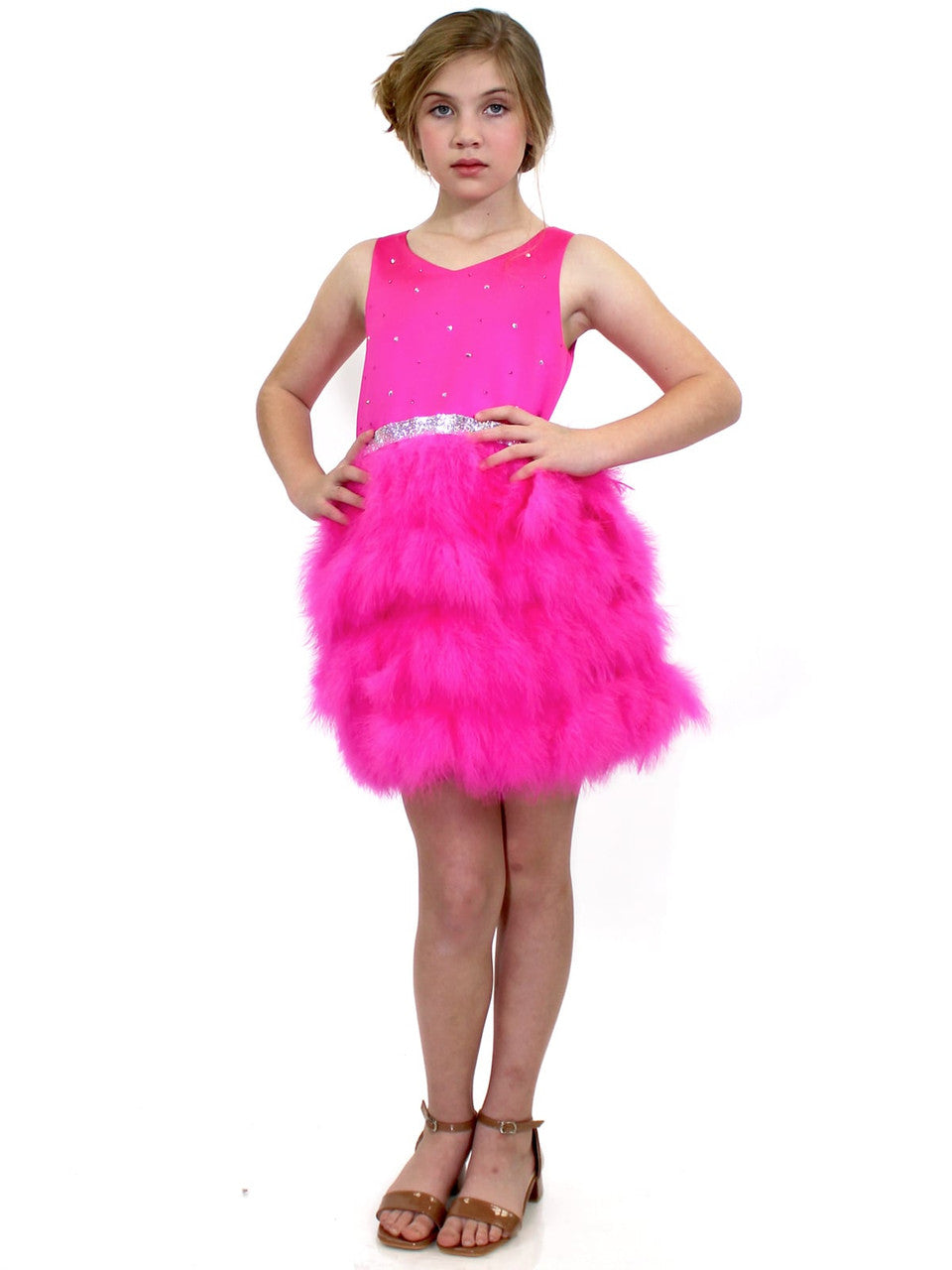 Marc-Defant-5072-Hot-Pink-Girls-and-Preteens-Dress-short-feather-skirt-Pageant-wear