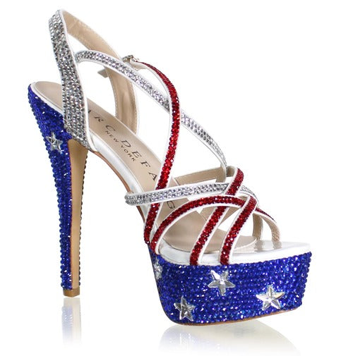 Marc Defang Marc Tops USA Red White & Blue Crystal Pageant Heels Shoes  DESCRIPTION Featured crystal color:  USA Flag Heel Height: 5.5" heels and 1.75" Platforms Comfort Strappy Sandals 100% custom handmade product, industry's highest quality standard. Our sizes are true to size based on US standard Regular Fit.   Available Sizes: 5.5, 6, 6.5, 7, 7.5, 8, 8.5, 9, 9.5, 10, 11 (Average 30 days before Arrival - custom made)