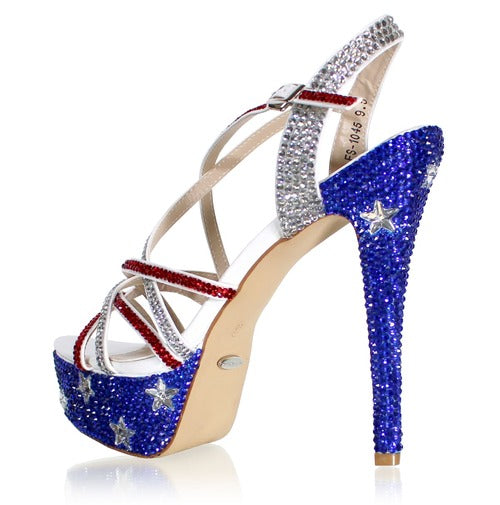 Marc Defang Marc Tops USA Red White & Blue Crystal Pageant Heels Shoes  DESCRIPTION Featured crystal color:  USA Flag Heel Height: 5.5" heels and 1.75" Platforms Comfort Strappy Sandals 100% custom handmade product, industry's highest quality standard. Our sizes are true to size based on US standard Regular Fit.   Available Sizes: 5.5, 6, 6.5, 7, 7.5, 8, 8.5, 9, 9.5, 10, 11 (Average 30 days before Arrival - custom made)