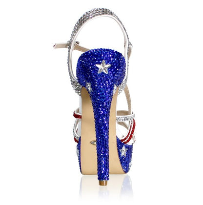 Marc Defang Marc Tops USA Red White & Blue Crystal Pageant Heels Shoes  DESCRIPTION Featured crystal color:  USA Flag Heel Height: 5.5" heels and 1.75" Platforms Comfort Strappy Sandals 100% custom handmade product, industry's highest quality standard. Our sizes are true to size based on US standard Regular Fit.   Available Sizes: 5.5, 6, 6.5, 7, 7.5, 8, 8.5, 9, 9.5, 10, 11 (Average 30 days before Arrival - custom made)