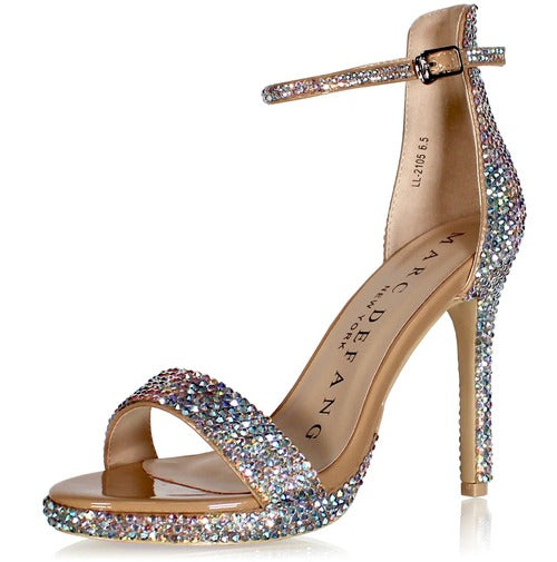 Marc Defang Molley Crystal Platform Pageant Heel Prom Shoes single strap  DESCRIPTION 4" Block heels, 1/2" Platforms Nude base shoes AB crystals fully hand applied  Single strap Quick hook-on & release buckle for easy changing Designed for stage and runway performance Medium Width, run true to size. Available Sizes: 6, 6.5, 7, 7.5, 8, 8.5, 9, 9.5, 10, 11 (Average 30 days before Arrival - custom made)